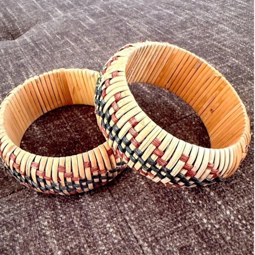 2 Vintage Wicker Woven Bangle Bracelet Boho Set of 2 Rattan Jewelry